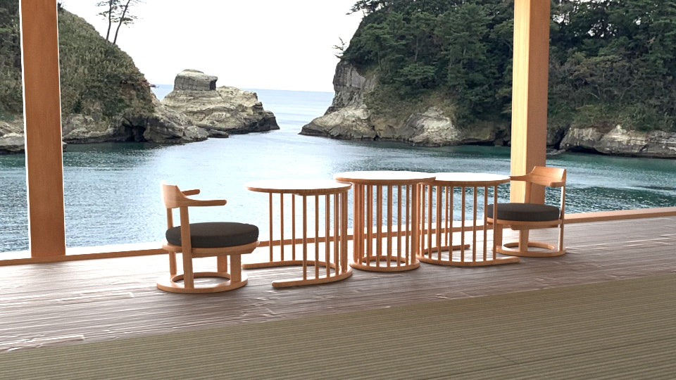 和室椅子テーブル_旅館家具_1人用テーブル, サイドテーブル, ソファテーブル, ソファベッド, テーブル, テーブル幅60cm, テーブル高さ50cm, ナイトテーブル, ホテルテーブル, ラウンジテーブル, ラウンドテーブル, ローテーブル, 丸テーブル, 低いテーブル, 和室テーブル, 宴会場, 広縁, 旅館テーブル_まどか-花芯テーブル-L-NT_八木研_ヤギケン_yagiken