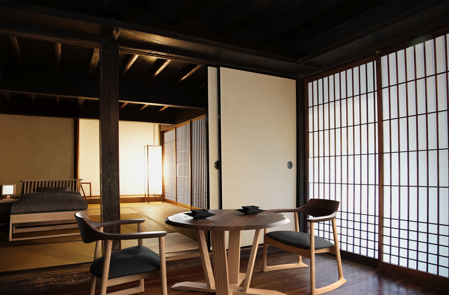 和室椅子テーブル_旅館家具_4人用テーブル, テーブル, ラウンドテーブル_くつろぎ-ラウンドテーブル100-60_八木研_ヤギケン_yagiken