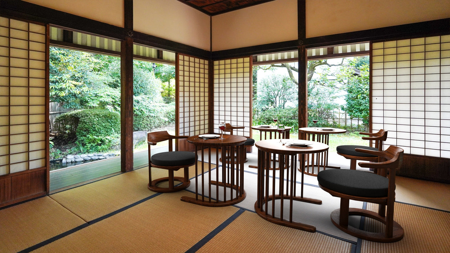 和室椅子テーブル_旅館家具_1人用テーブル, サイドテーブル, ソファテーブル, ソファベッド, テーブル, テーブル幅60cm, テーブル高さ50cm, ナイトテーブル, ホテルテーブル, ラウンジテーブル, ラウンドテーブル, ローテーブル, 丸テーブル, 低いテーブル, 和室テーブル, 宴会場, 広縁, 旅館テーブル_まどか-花弁テーブルH-DB色_八木研_ヤギケン_yagiken