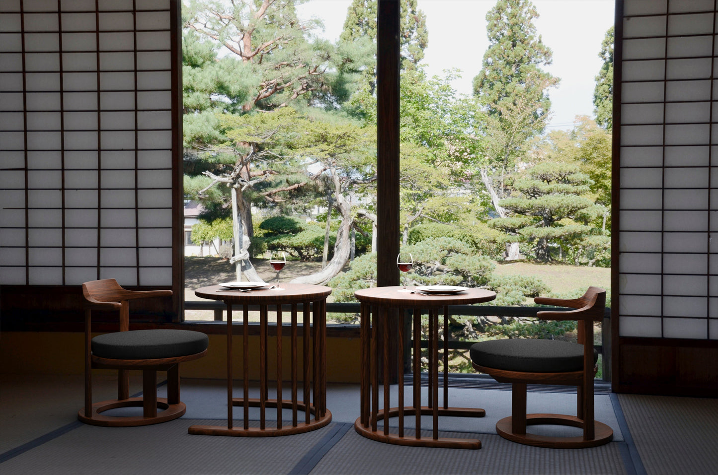 和室椅子テーブル_旅館家具_1人用テーブル, サイドテーブル, ソファテーブル, ソファベッド, テーブル, テーブル幅60cm, テーブル高さ50cm, ナイトテーブル, ホテルテーブル, ラウンジテーブル, ラウンドテーブル, ローテーブル, 丸テーブル, 低いテーブル, 和室テーブル, 宴会場, 広縁, 旅館テーブル_まどか-花弁テーブルH-DB色_八木研_ヤギケン_yagiken