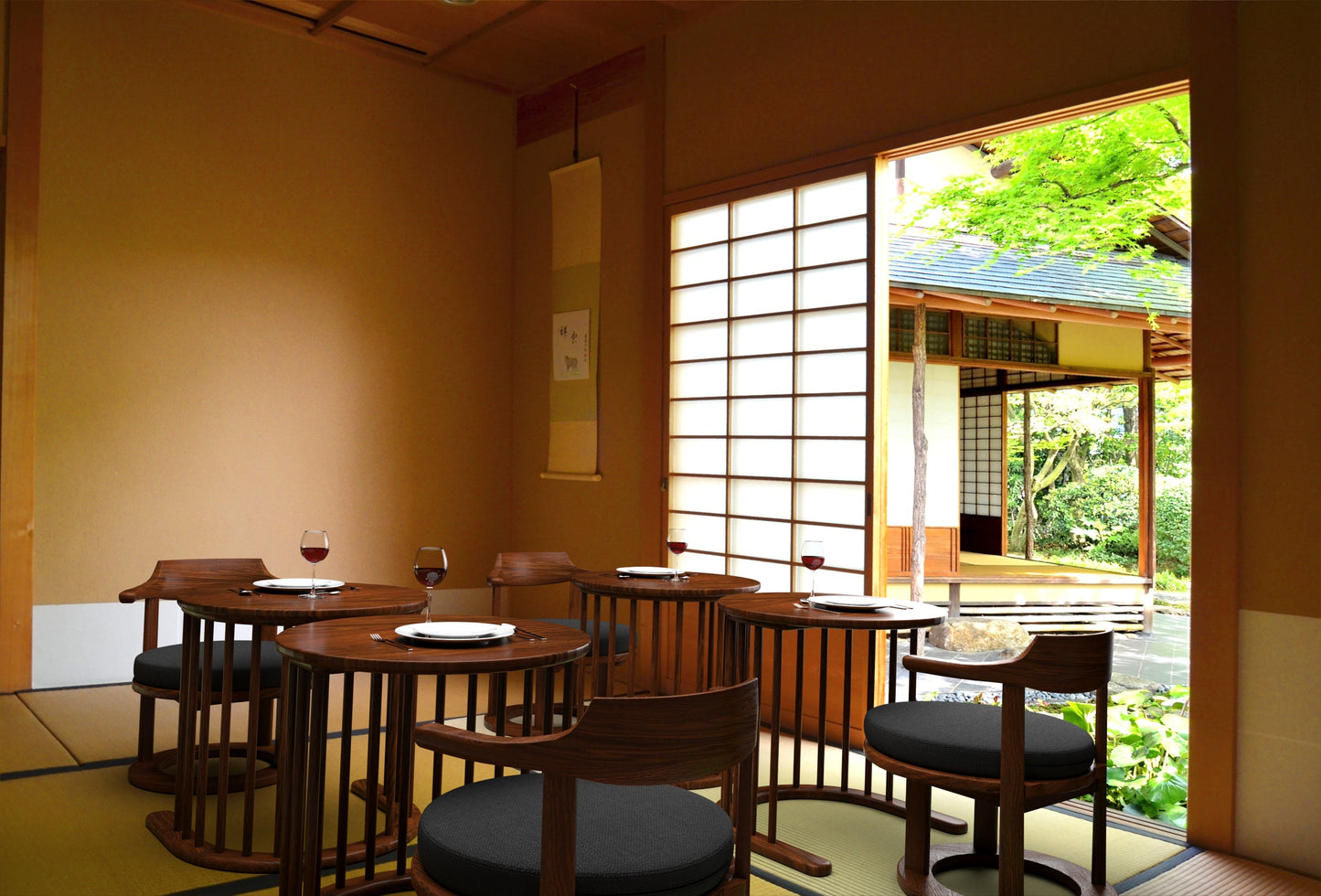 和室椅子テーブル_旅館家具_1人用テーブル, サイドテーブル, ソファテーブル, ソファベッド, テーブル, テーブル幅60cm, テーブル高さ50cm, ナイトテーブル, ホテルテーブル, ラウンジテーブル, ラウンドテーブル, ローテーブル, 丸テーブル, 低いテーブル, 和室テーブル, 宴会場, 広縁, 旅館テーブル_まどか-花弁テーブルH-DB色_八木研_ヤギケン_yagiken
