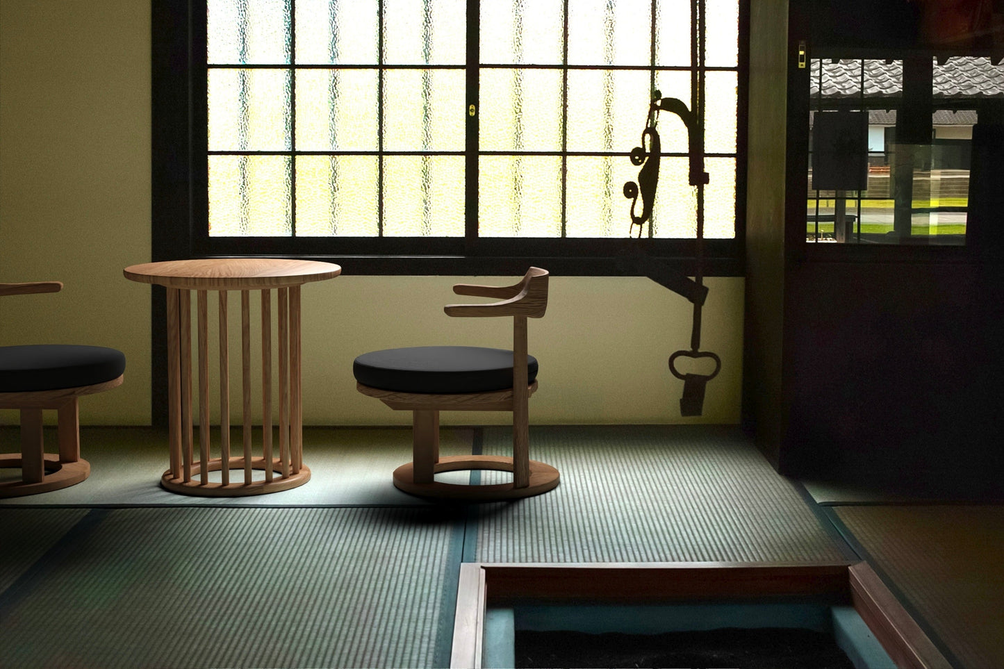 和室椅子テーブル_旅館家具_1人用テーブル, サイドテーブル, ソファテーブル, ソファベッド, テーブル, テーブル幅60cm, テーブル高さ50cm, ナイトテーブル, ホテルテーブル, ラウンジテーブル, ラウンドテーブル, ローテーブル, 丸テーブル, 低いテーブル, 和室テーブル, 宴会場, 広縁, 旅館テーブル_まどか-花芯テーブル-L-NT_八木研_ヤギケン_yagiken