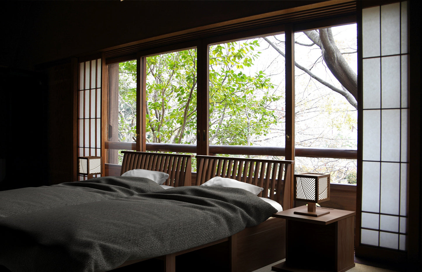 和室椅子テーブル_旅館家具_ソファベッド_くつろぎ-ソファベッド2-格子-DB色&ソファベッド用-クッションセット_八木研_ヤギケン_yagiken