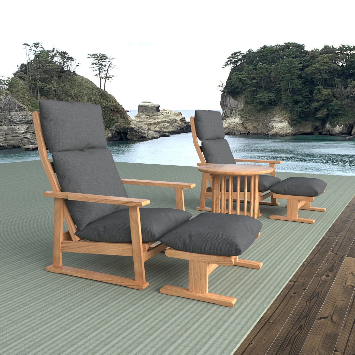和室椅子テーブル_旅館家具_オットマン, オーク材, モーション機能, ラウンジ, リクライニングチェア, リラックスチェア, 低い椅子, 和室椅子, 宴会場, 広縁, 座面高さ34cm, 旅館客室用椅子, 旅館食堂用, 無断階リクライニング, 畳用椅子, 高座椅子, 高齢者用_くつろぎ-オットマン2_八木研_ヤギケン_yagiken